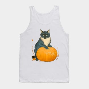 Japanese Cat on a Halloween Pumpkin During the Halloween Season on a light (knocked out) background Tank Top